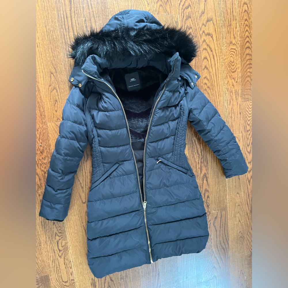Zara Dark Blue Long Quilted Puffer Coat with Faux Fur Hood